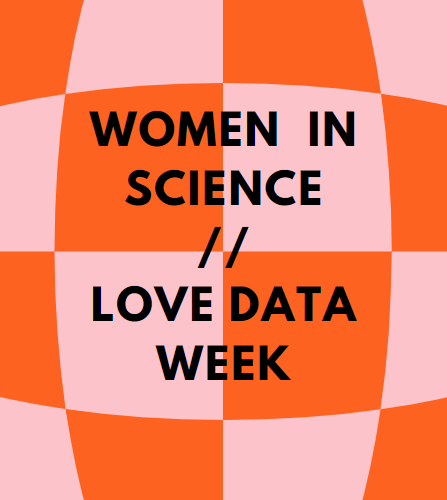 Pink and orange checkerboard with 'Women in Science // Love Data Week' in block text